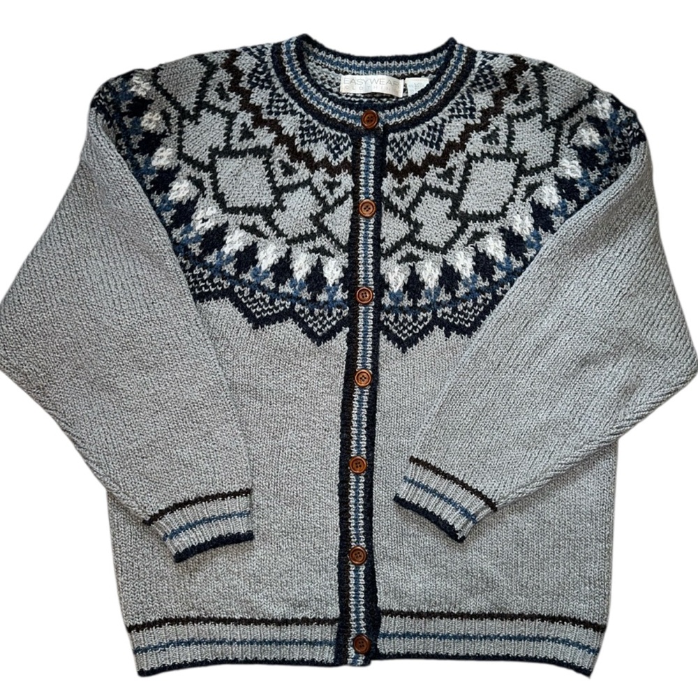Vintage EASYWEAR Gray Nordic Pattern Button Down Cardigan